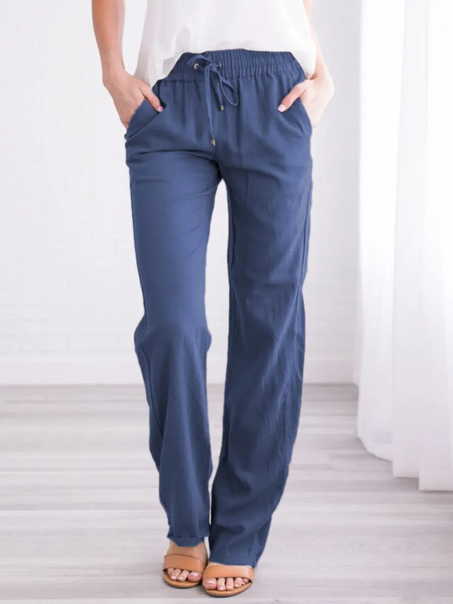 Relaxed Pants with Elastic Drawstring Waist and Side Pockets