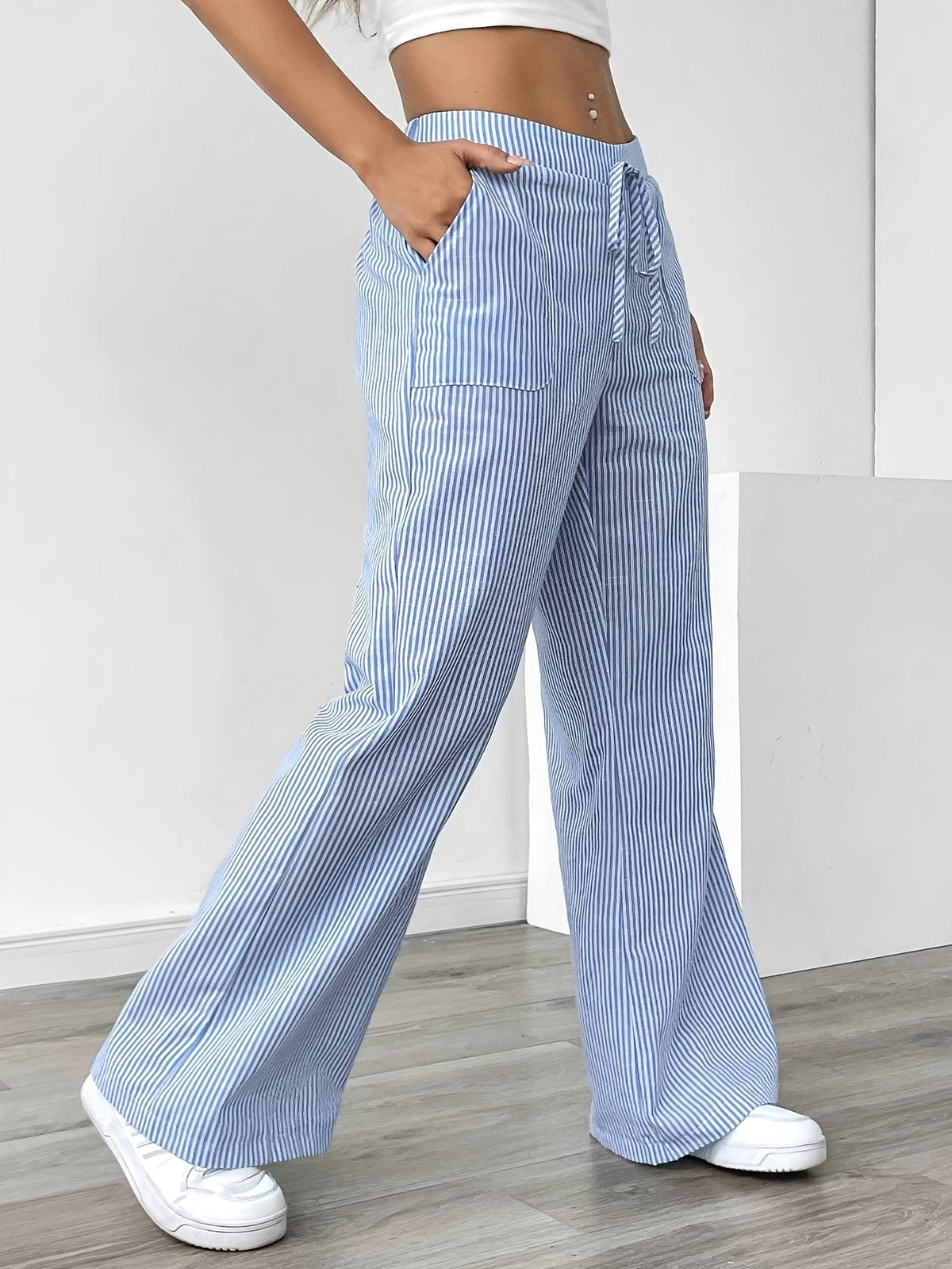 Relaxed Striped Wide Leg Pants with Drawstring Waist and Patch Pockets