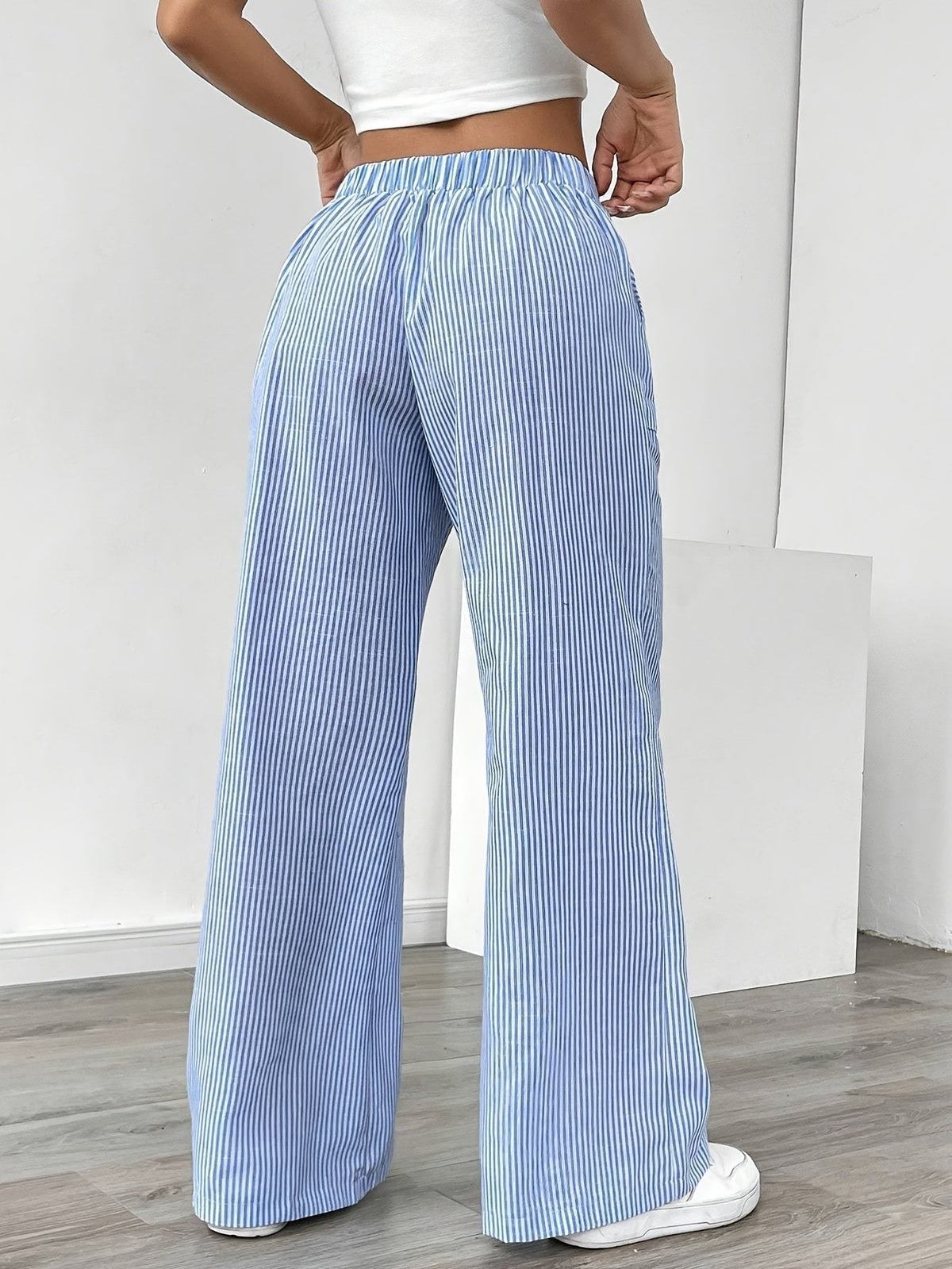 Relaxed Striped Wide Leg Pants with Drawstring Waist and Patch Pockets