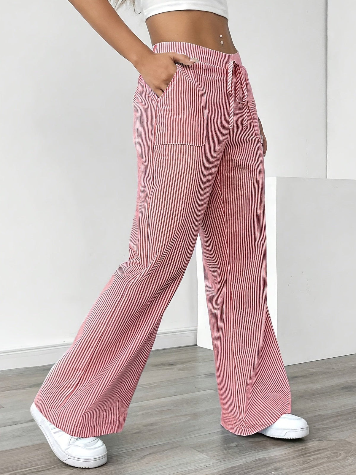 Relaxed Striped Wide Leg Pants with Drawstring Waist and Patch Pockets