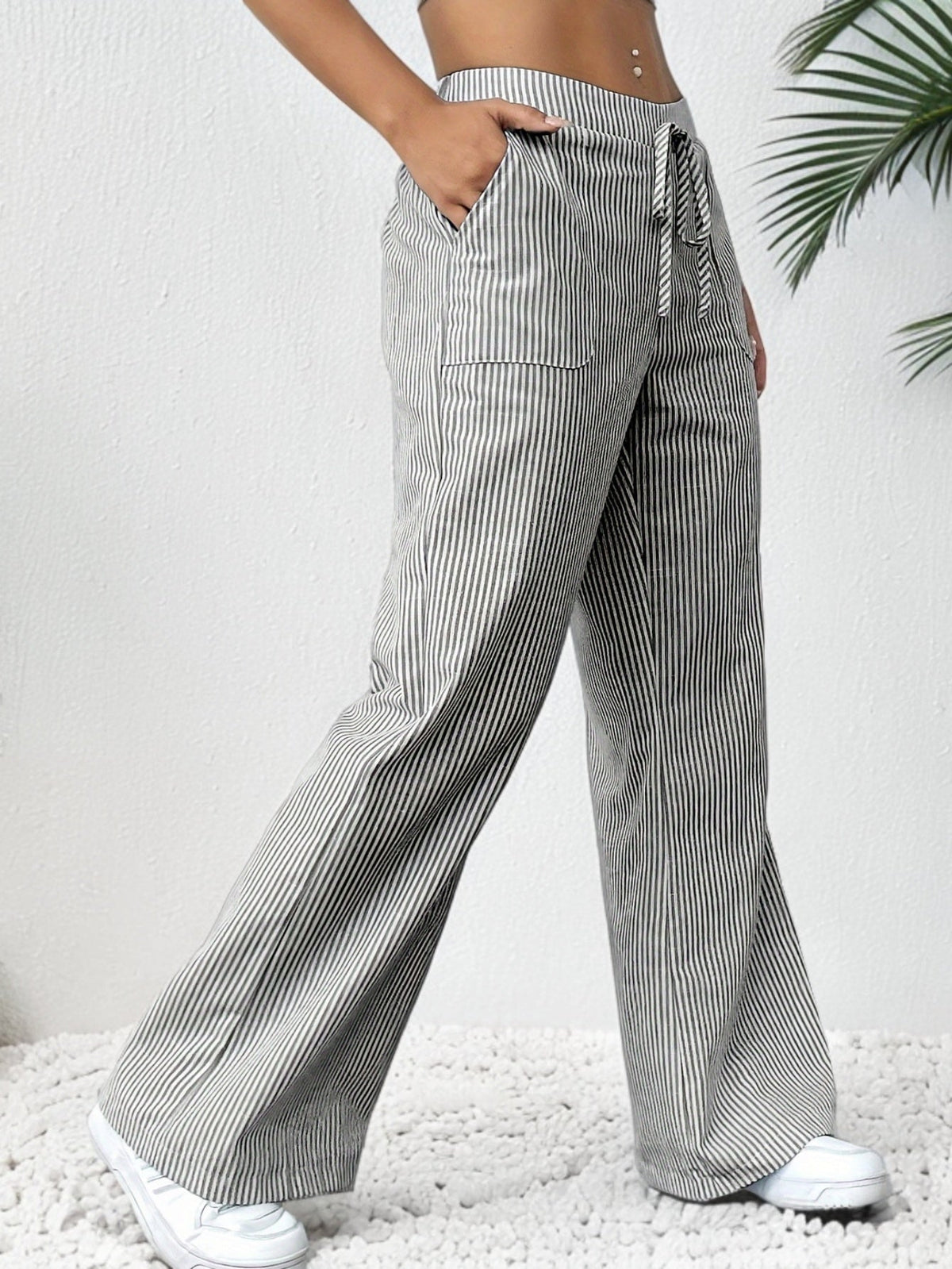 Relaxed Striped Wide Leg Pants with Drawstring Waist and Patch Pockets