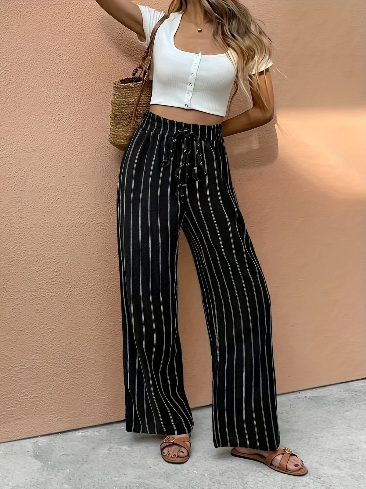 Striped Wide Leg Pants with Elastic Drawstring Waist