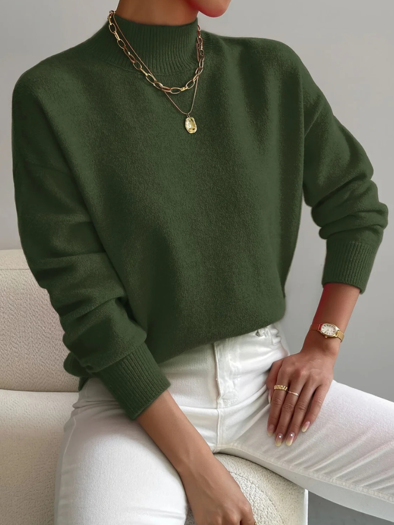Mock Neck Ribbed Knit Sweater - Green