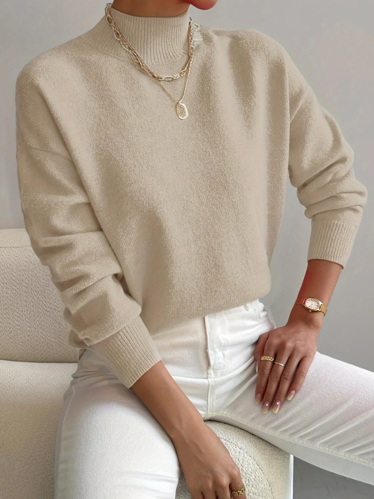 Mock Neck Ribbed Knit Sweater - Beige