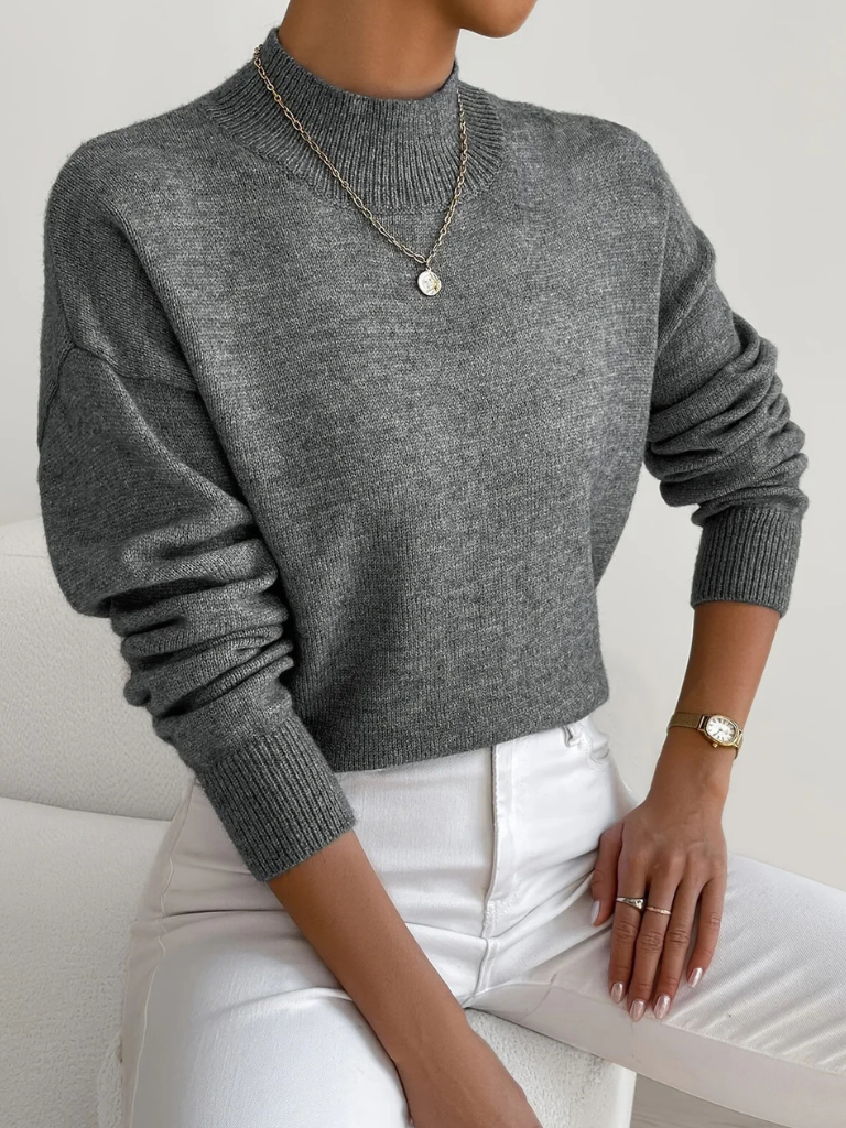 Mock Neck Ribbed Knit Sweater - Dark Grey