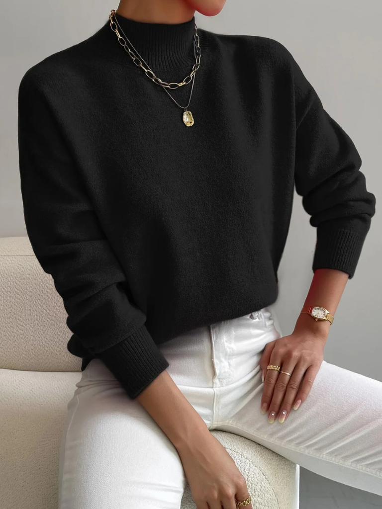 Mock Neck Ribbed Knit Sweater - Black
