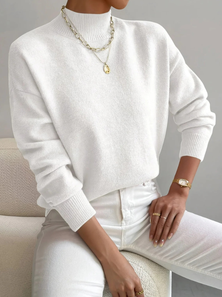 Mock Neck Ribbed Knit Sweater - White