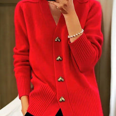 Gold Heart Button Cardigan - Red
