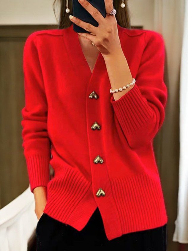 Gold Heart Button Cardigan - Red