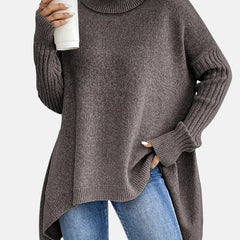 Asymmetric Turtleneck Sweater - Brown