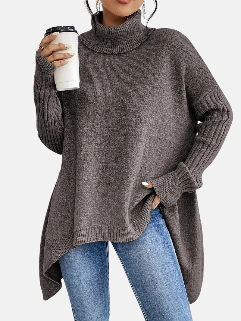 Asymmetric Turtleneck Sweater - Brown