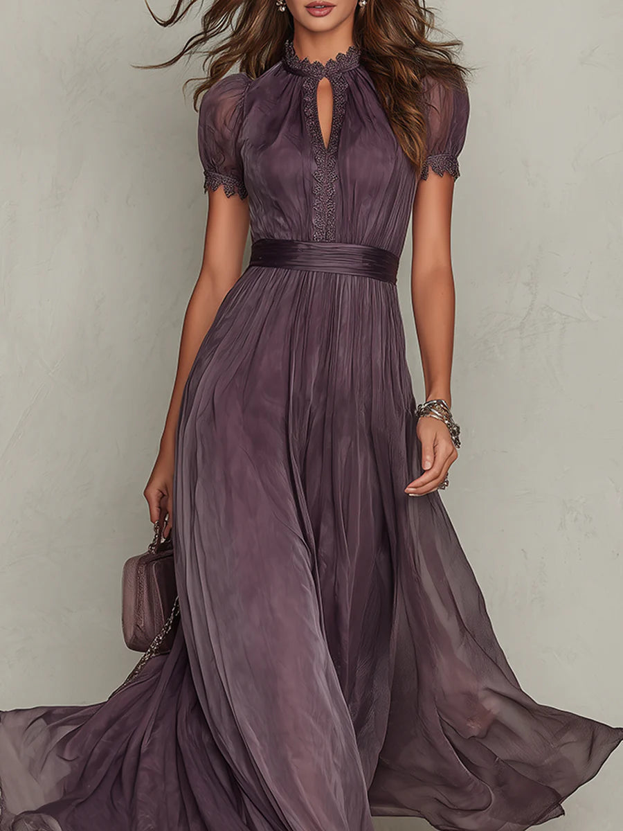Elegant Mauve Chiffon Maxi Dress with Lace Trim and Satin Waist Belt