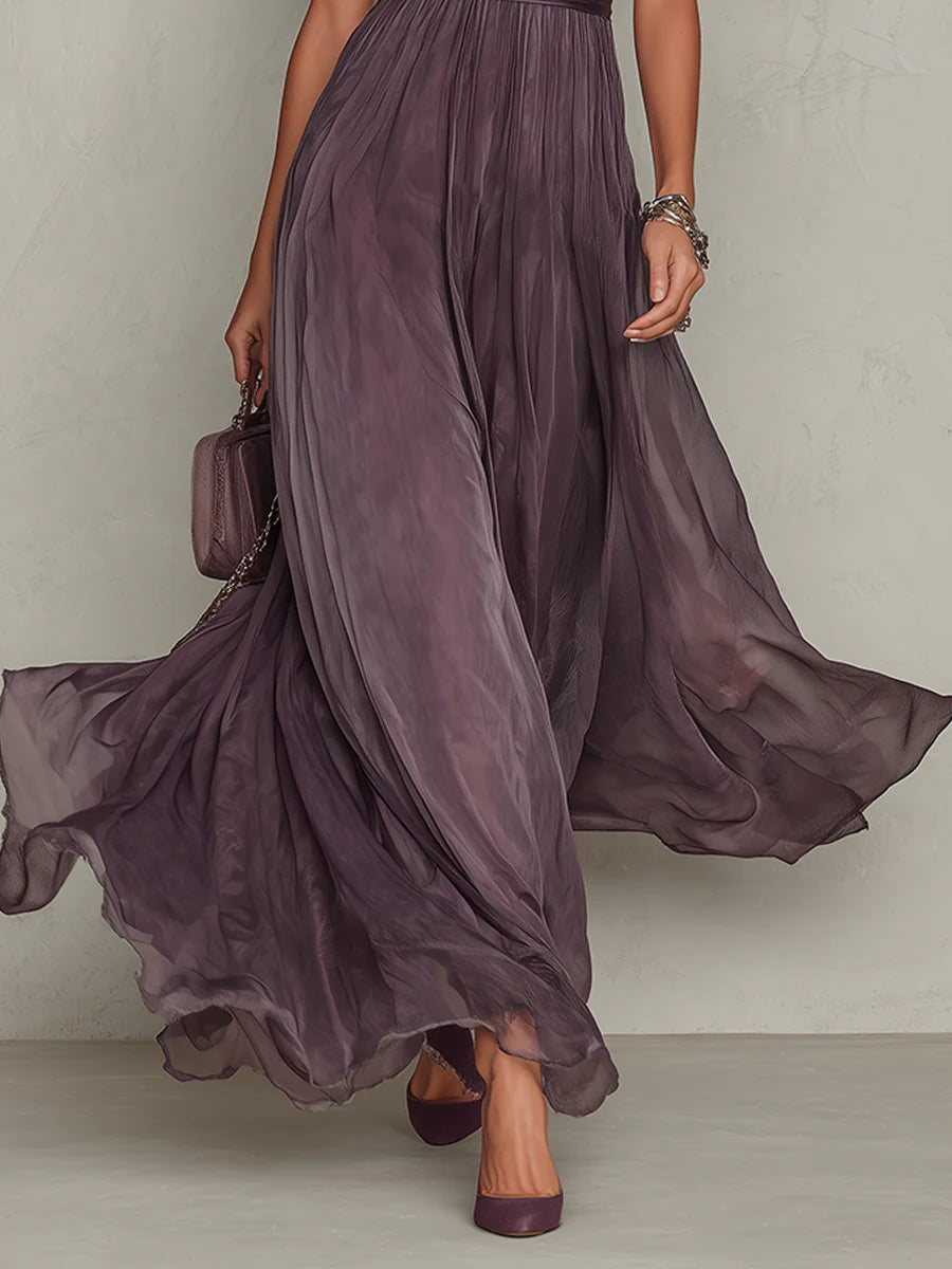 Elegant Mauve Chiffon Maxi Dress with Lace Trim and Satin Waist Belt