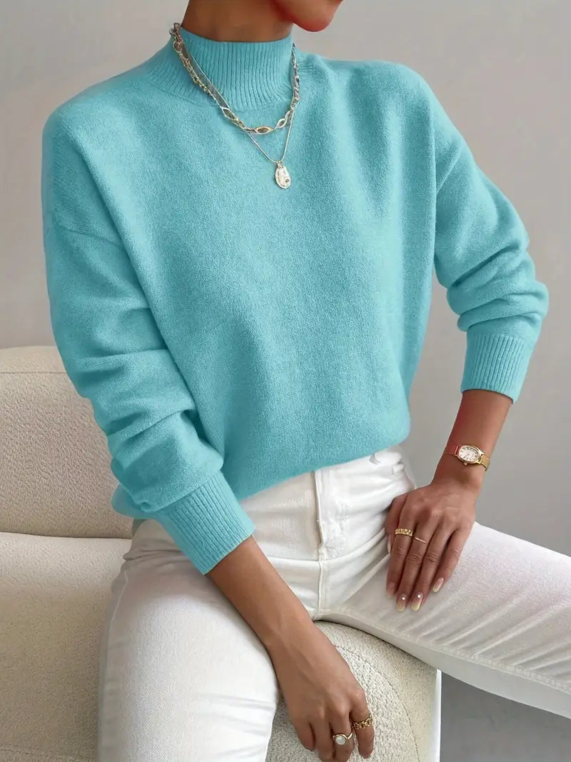 Mock Neck Ribbed Knit Sweater - Blue