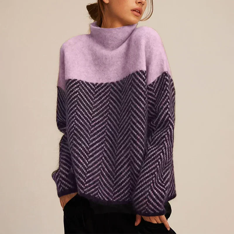 Herringbone Roll Neck Sweater - Lilac Violet