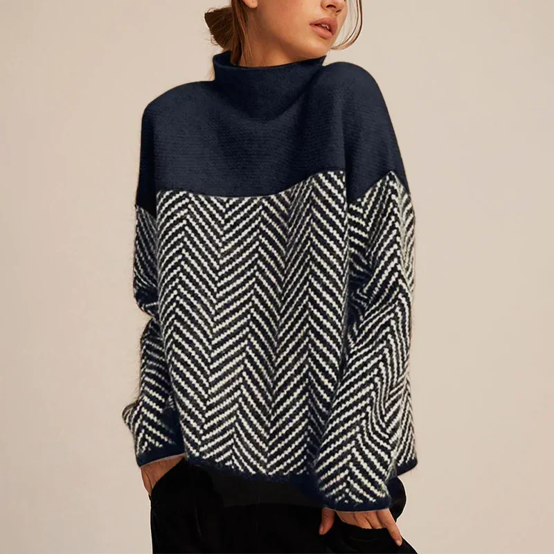 Herringbone Roll Neck Sweater - Midnight Blue