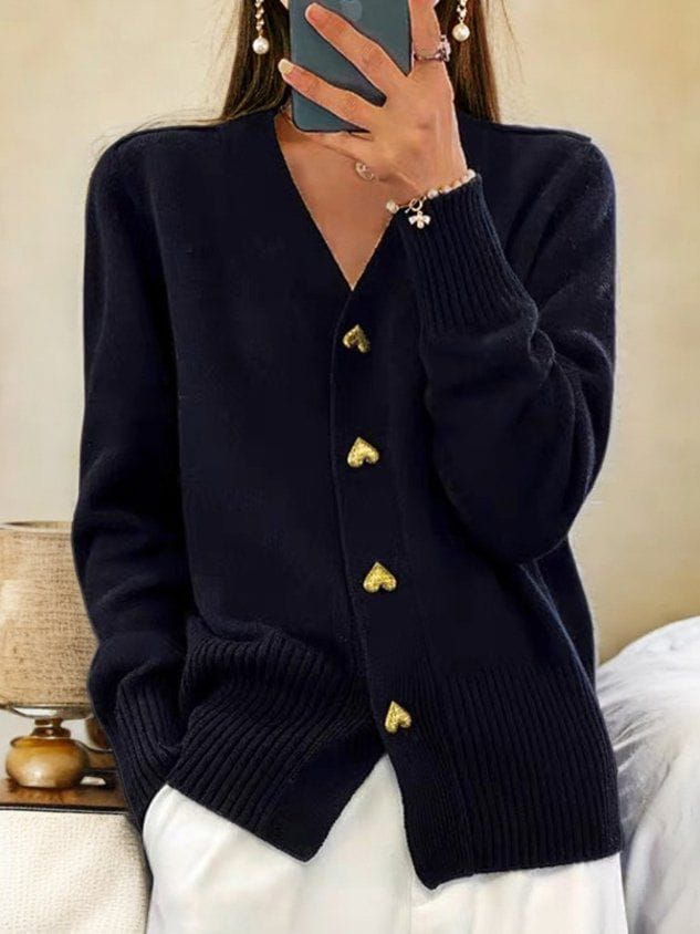 Gold Heart Button Cardigan - Black