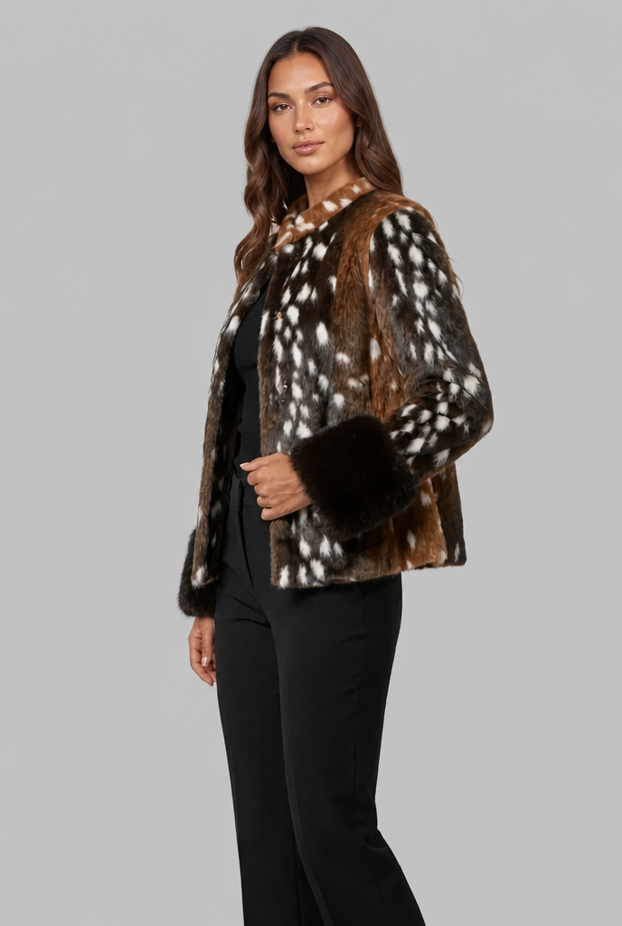 Spotted Faux Fur Jacket with Contrast Cuffs