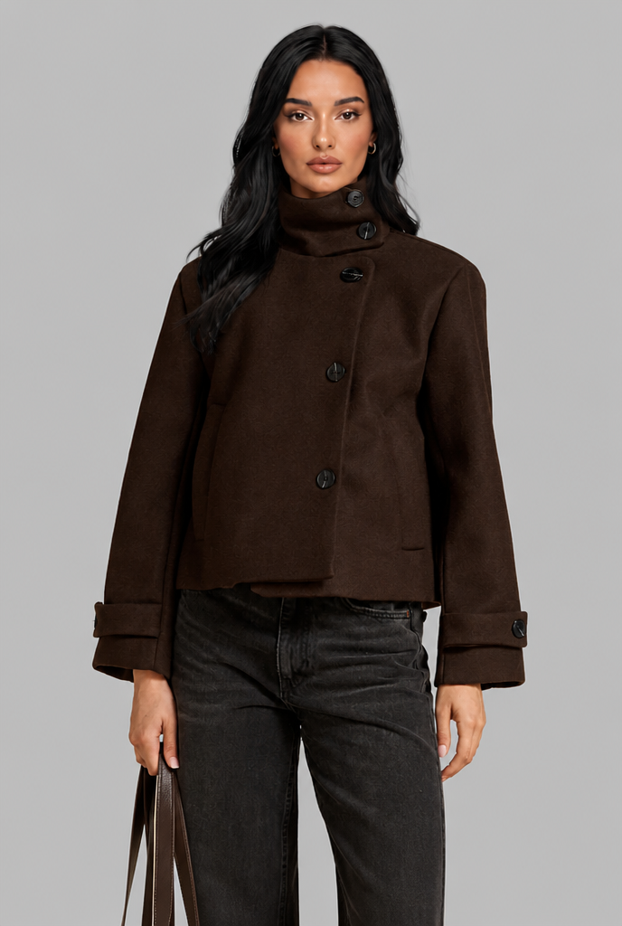 Cropped Wool Blend Jacket with Funnel Neck