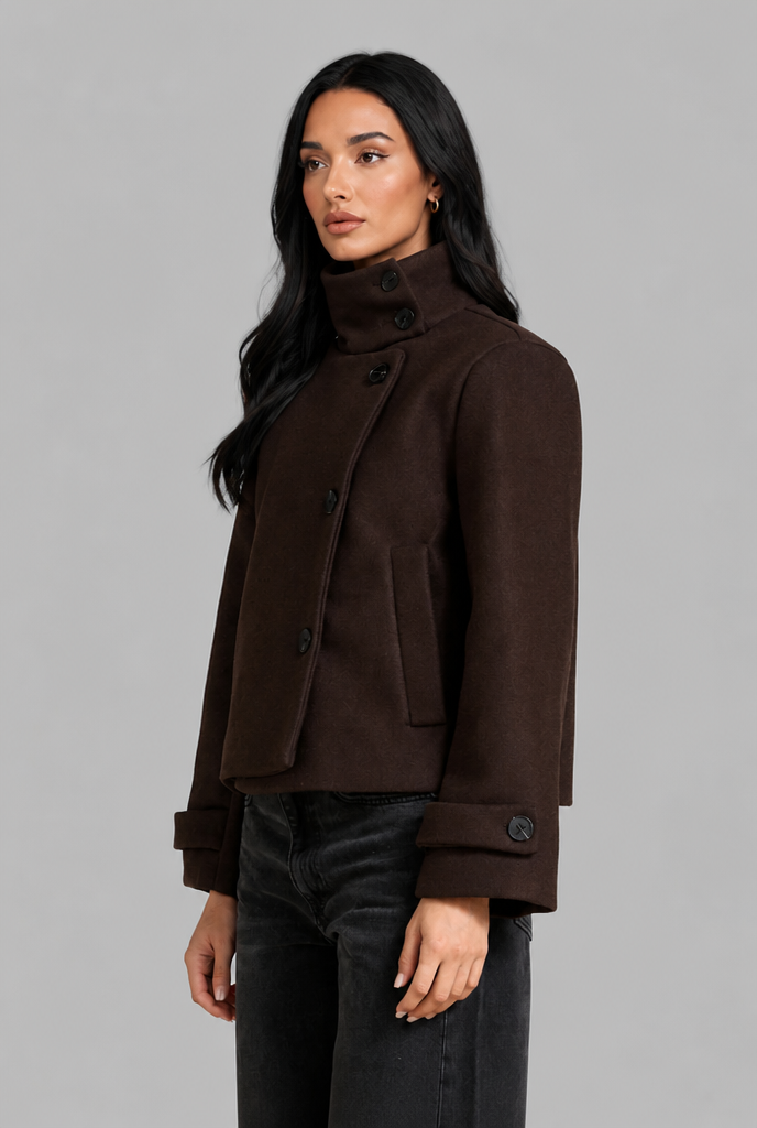Cropped Wool Blend Jacket with Funnel Neck