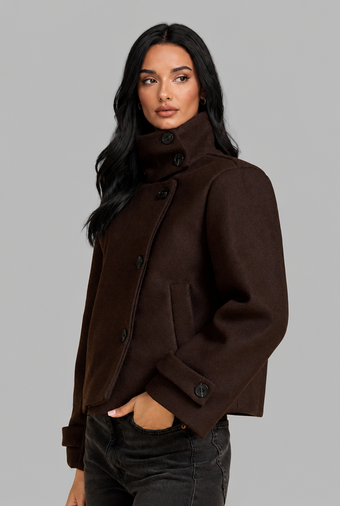 Cropped Wool Blend Jacket with Funnel Neck