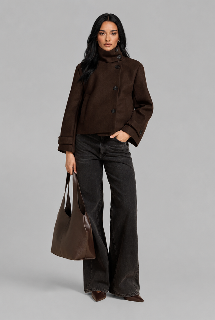 Cropped Wool Blend Jacket with Funnel Neck