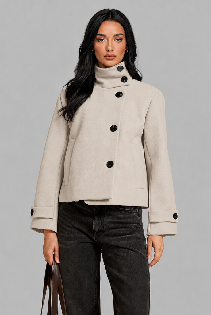 Cropped Wool Blend Jacket with Funnel Neck