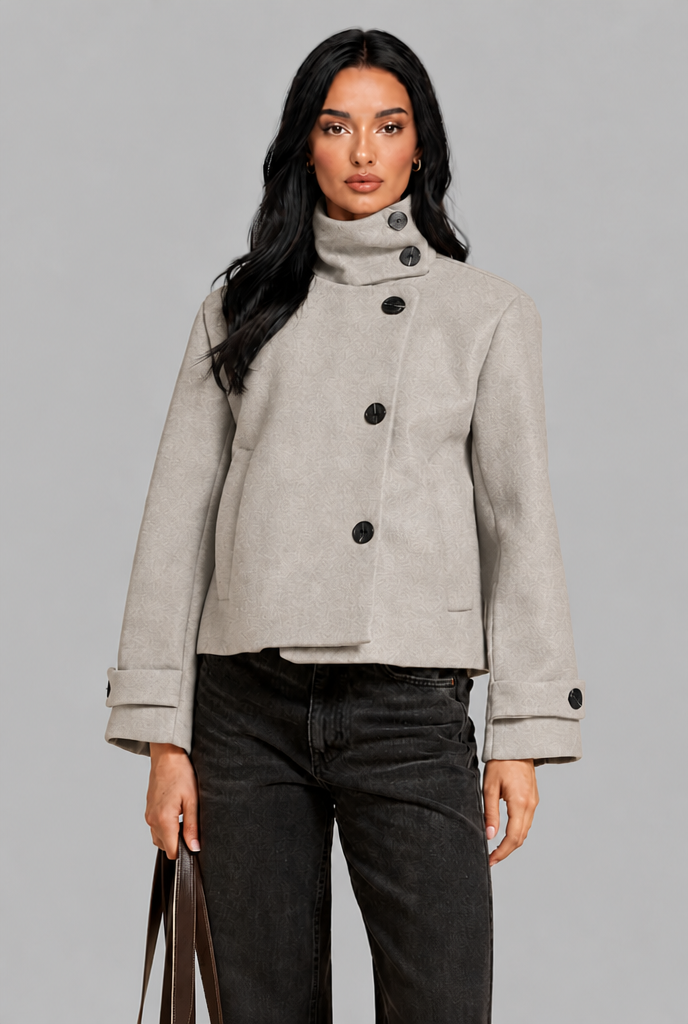 Cropped Wool Blend Jacket with Funnel Neck