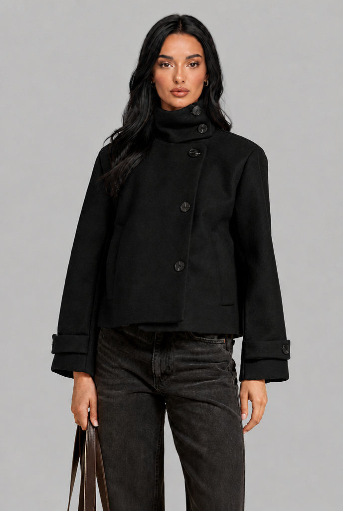 Cropped Wool Blend Jacket with Funnel Neck