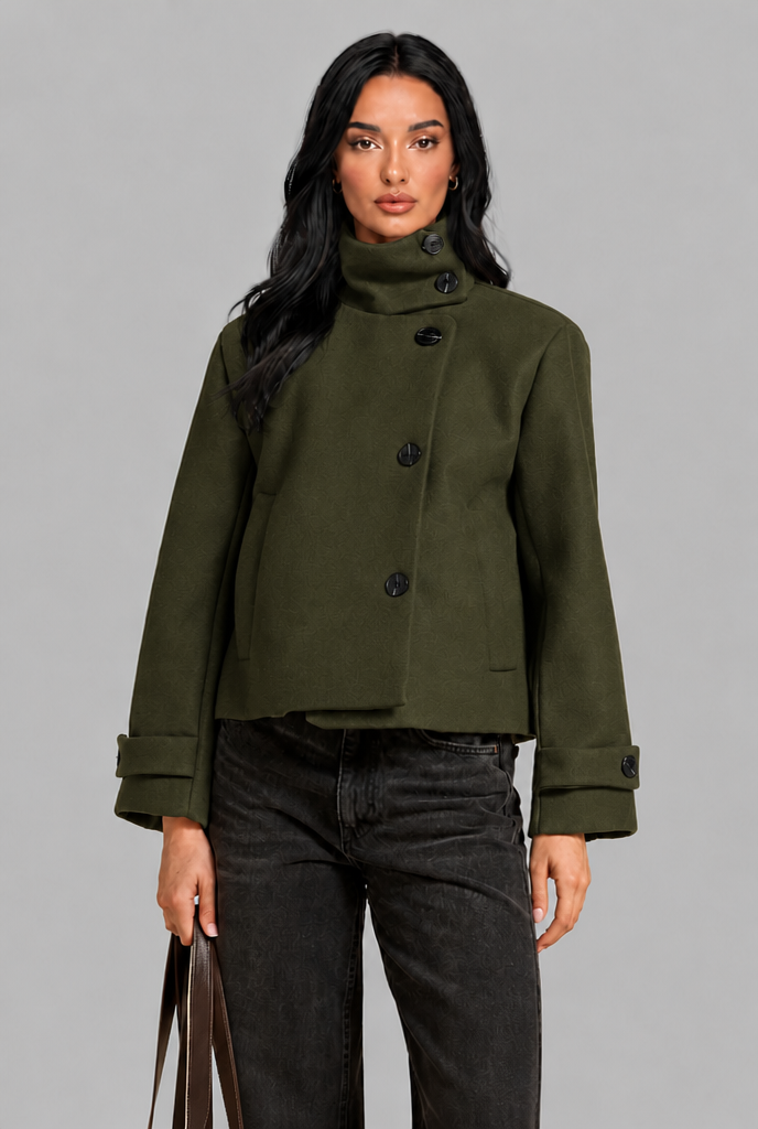 Cropped Wool Blend Jacket with Funnel Neck
