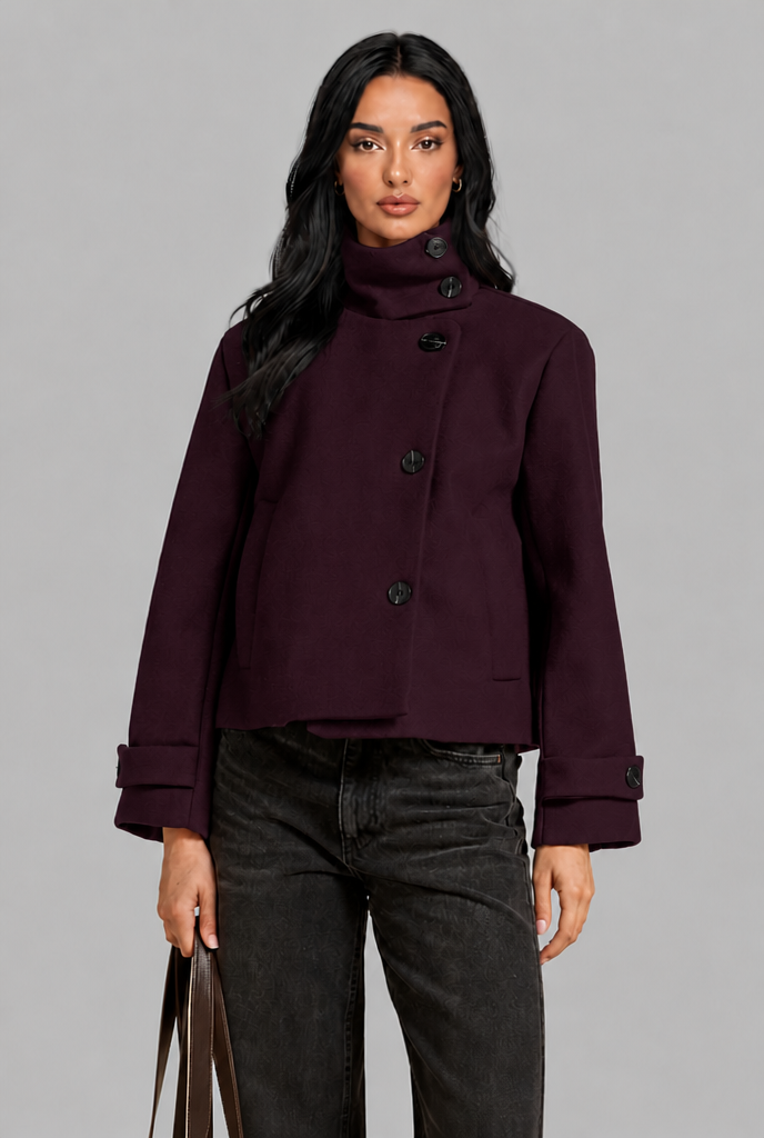Cropped Wool Blend Jacket with Funnel Neck