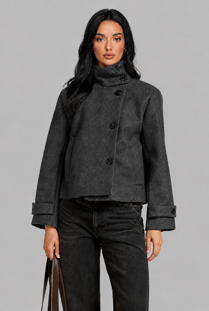 Cropped Wool Blend Jacket with Funnel Neck