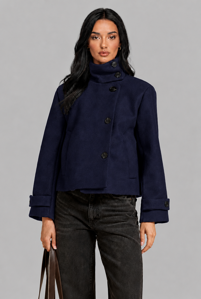 Cropped Wool Blend Jacket with Funnel Neck