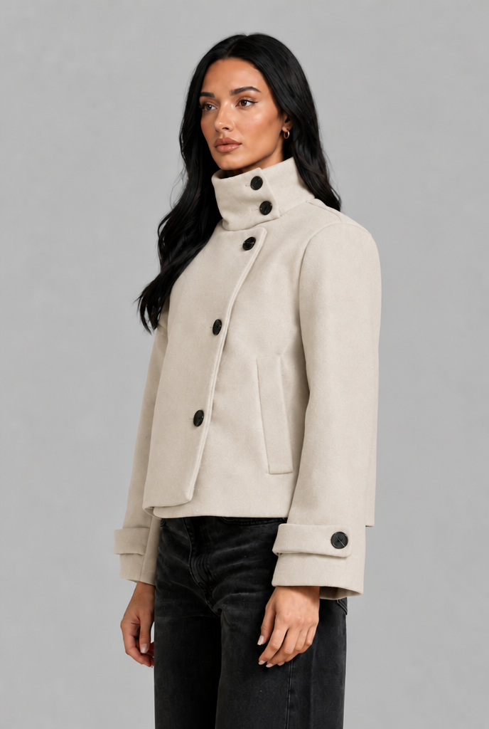 Cropped Wool Blend Jacket with Funnel Neck