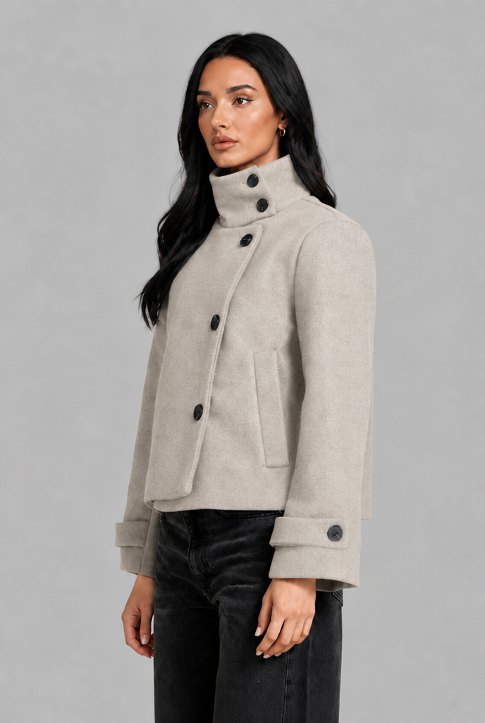 Cropped Wool Blend Jacket with Funnel Neck