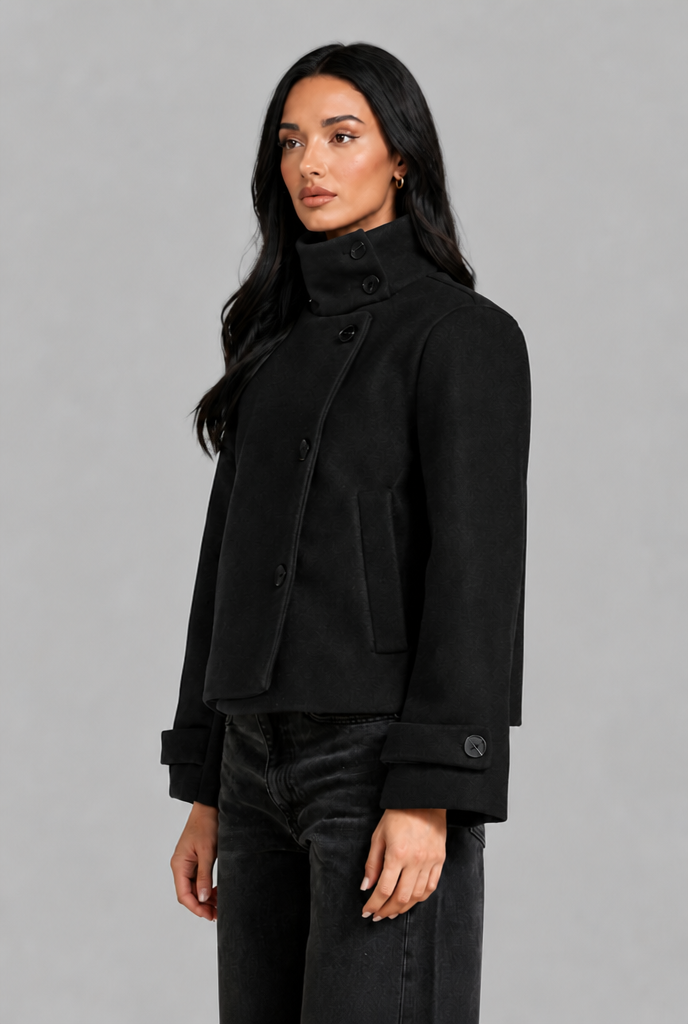Cropped Wool Blend Jacket with Funnel Neck