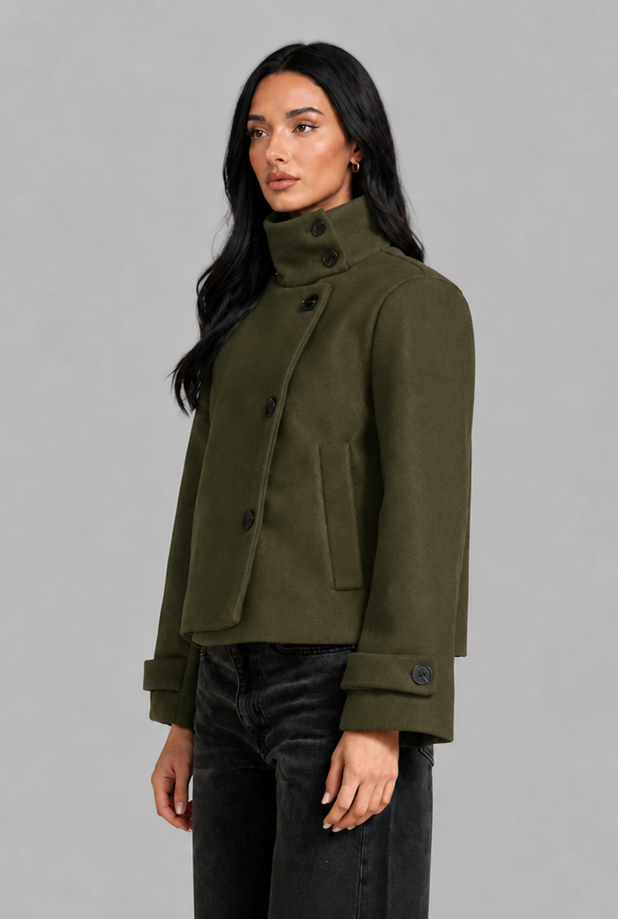 Cropped Wool Blend Jacket with Funnel Neck