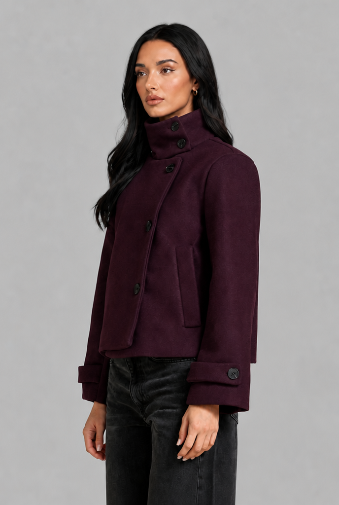 Cropped Wool Blend Jacket with Funnel Neck