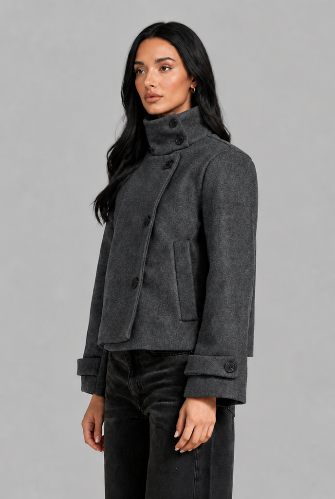 Cropped Wool Blend Jacket with Funnel Neck