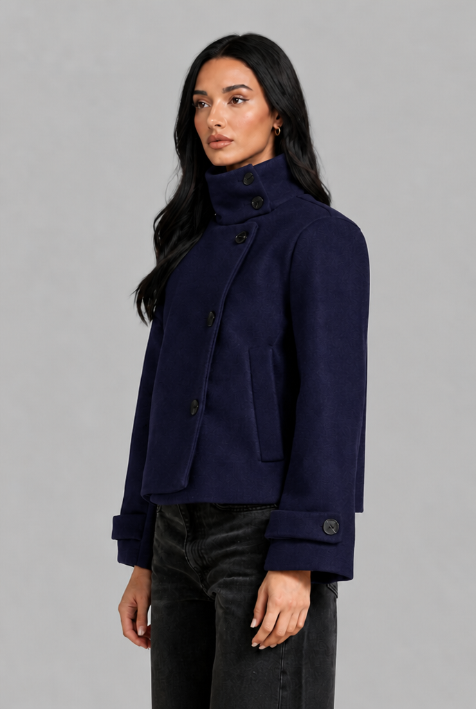 Cropped Wool Blend Jacket with Funnel Neck