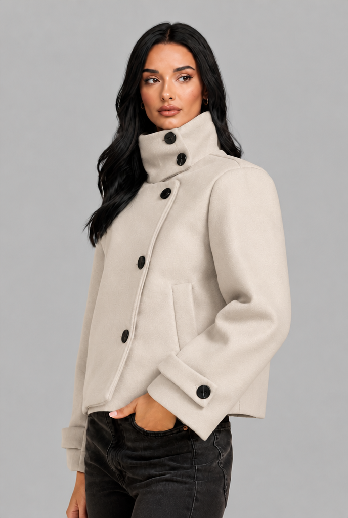 Cropped Wool Blend Jacket with Funnel Neck