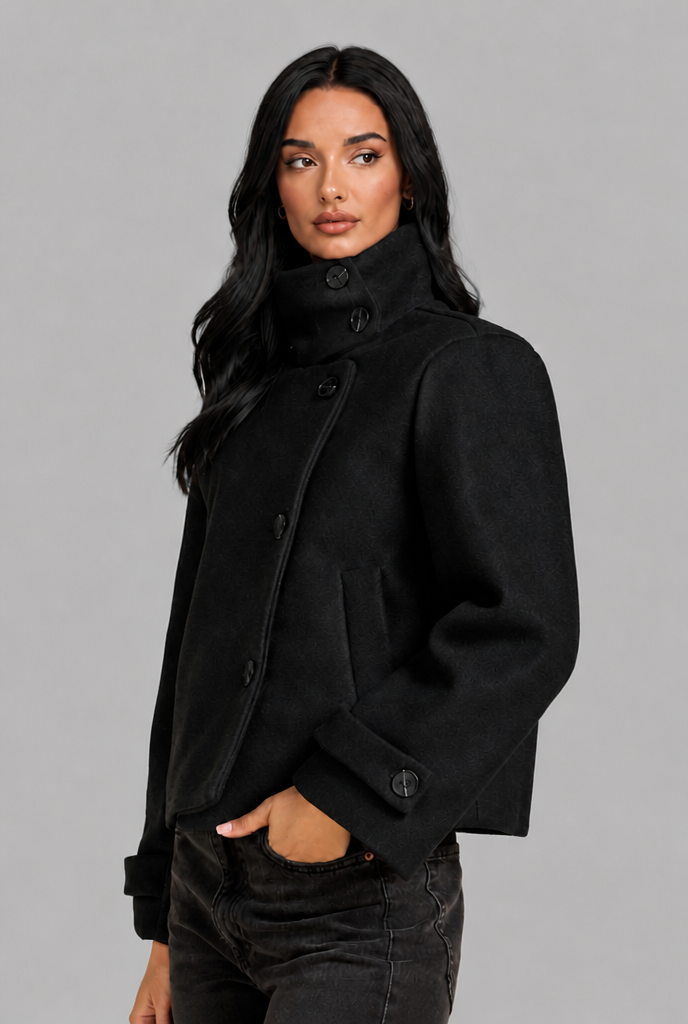Cropped Wool Blend Jacket with Funnel Neck