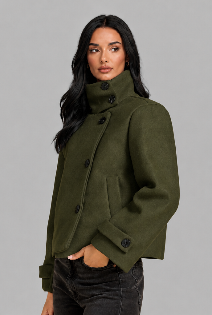 Cropped Wool Blend Jacket with Funnel Neck
