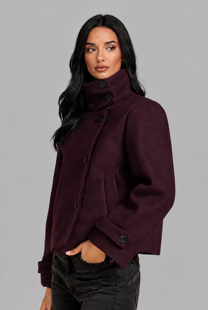 Cropped Wool Blend Jacket with Funnel Neck