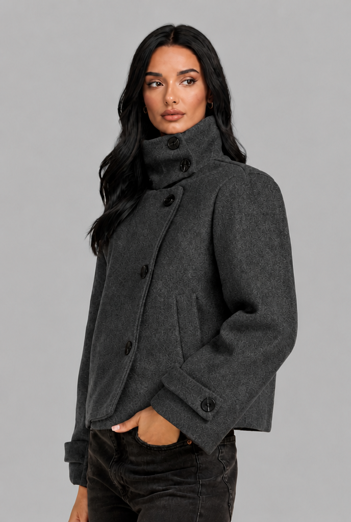 Cropped Wool Blend Jacket with Funnel Neck