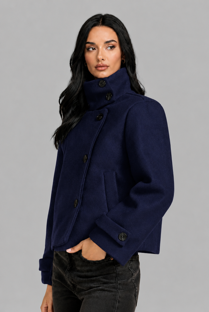 Cropped Wool Blend Jacket with Funnel Neck