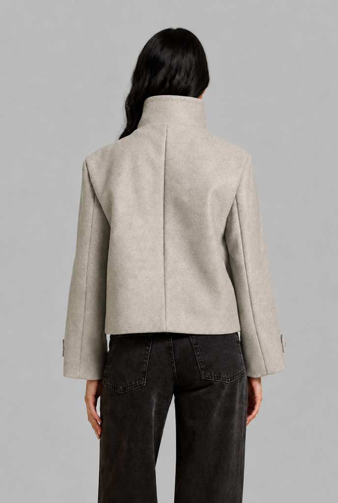 Cropped Wool Blend Jacket with Funnel Neck