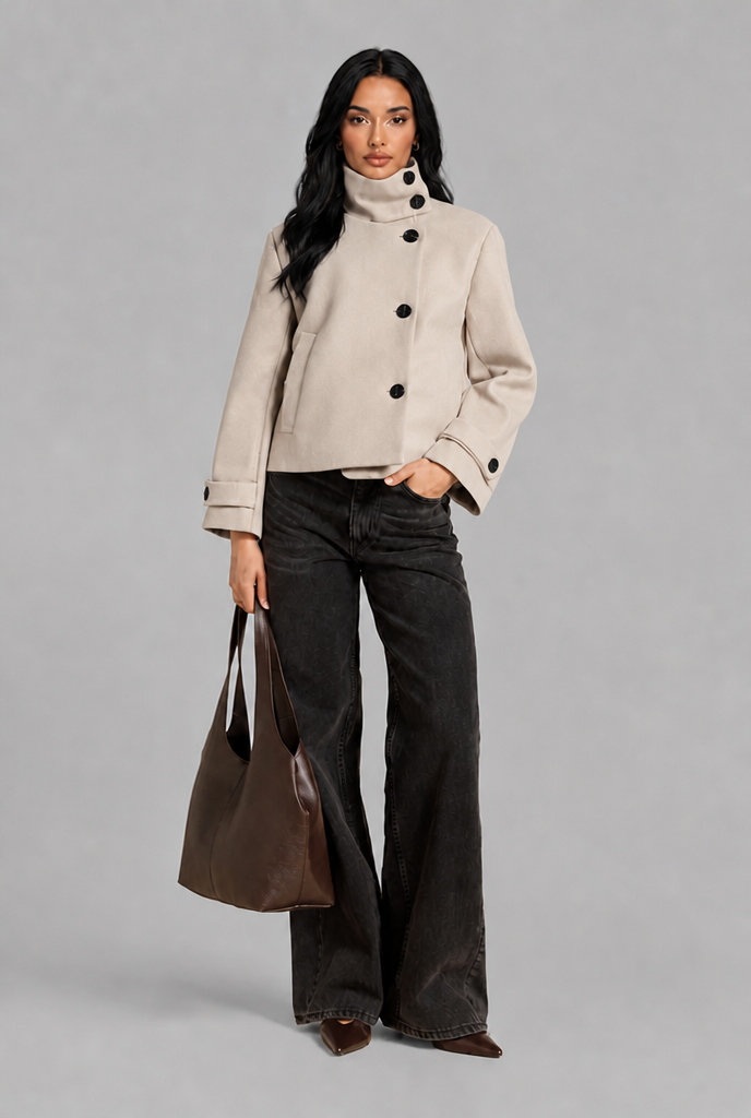 Cropped Wool Blend Jacket with Funnel Neck