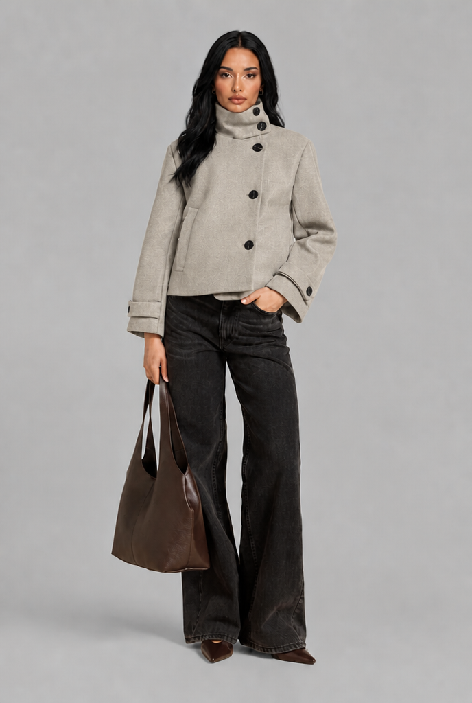 Cropped Wool Blend Jacket with Funnel Neck