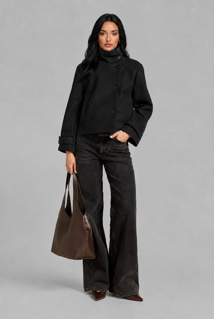 Cropped Wool Blend Jacket with Funnel Neck